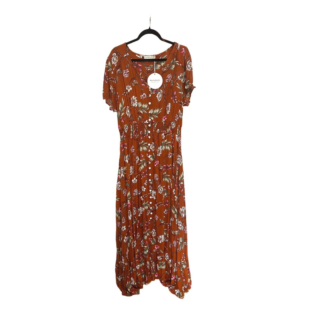 Rusttydustty Womens 2XL Floral Bird Print Maxi Dress Boho Rust Orange NWT